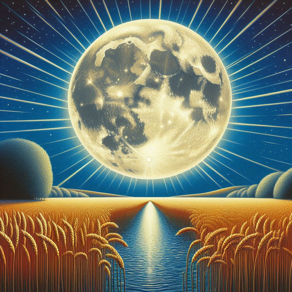 Image of a Full Moon rising over a field of corn.