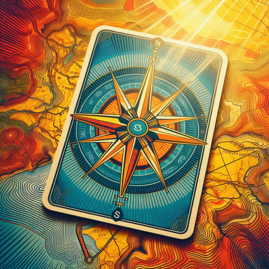 A Tarot card featuring a navigational compass, sitting on a detailed map, to signify using the tarot cards to help navigate life's journey