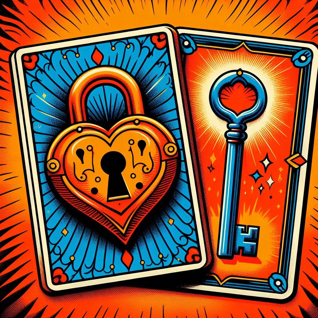 An image of two tarot cards; One with a heart shaped padlock on, the other with a key. These represent the ethics of being a good Tarot Card Reader in Greater Manchester. The background is a vibrant orange sunburst, to show energy and positivity.