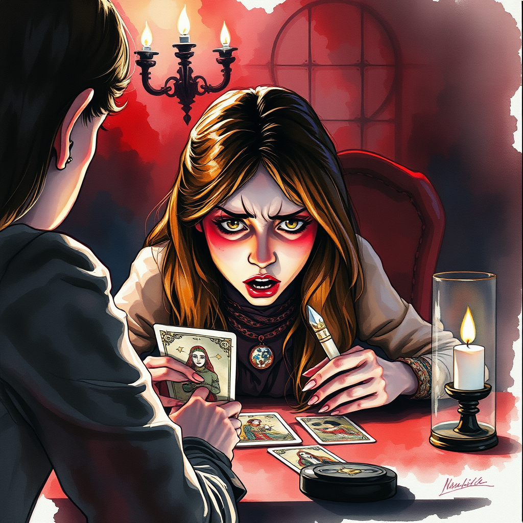 Dark and scary image of a frightened young woman hearing bad news from a tarot card reader