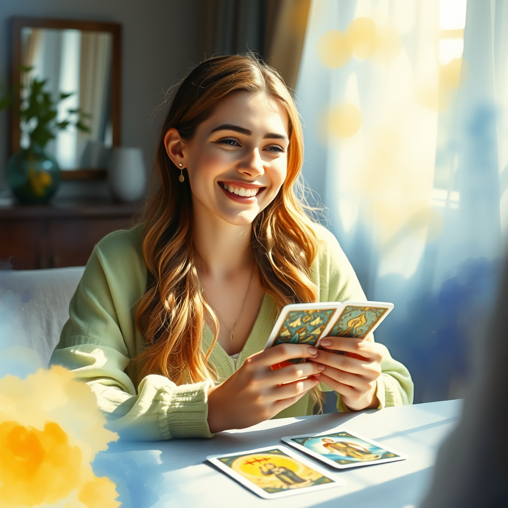 A young lady smiling as she has her fortune told by an ethical and positive Tarot Card Reader in Manchester