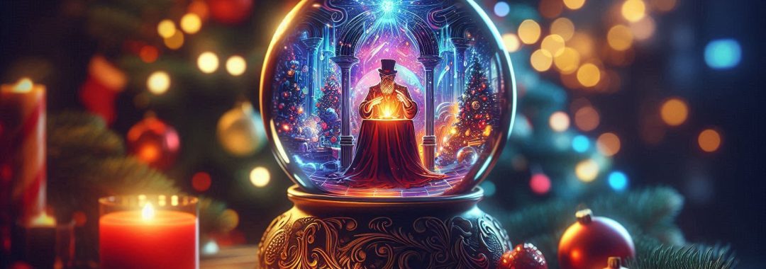 a festive image showing a fortune teller inside a crystal ball. Christmas Lights and trees in the background to represent a Christmas or New Years Eve Party