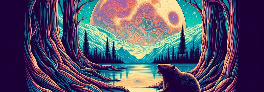 a fantasy image, such as might be found on tarot cards, of a beaver sat at a lake, looking up at a full moon.