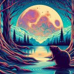 a fantasy image, such as might be found on tarot cards, of a beaver sat at a lake, looking up at a full moon.